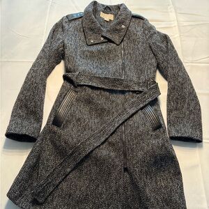 Michael Kors Black and White wool blend belted Patterned Coat Sz M